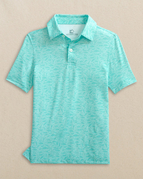 The front view of the Southern Tide Boys Driver Seawatch Printed Performance Polo by Southern Tide - Shore Blue
