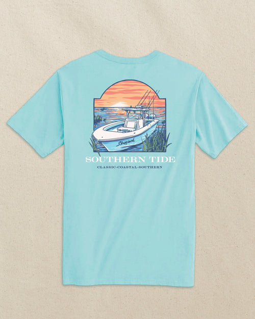 The back view of the Southern Tide Sunset Skipjack Boat Short Sleeve T-Shirt by Southern Tide - Shore Blue